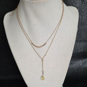 Gold-Tone Layered Necklace with Yellow Crystal Drop And Free Moving Beads
